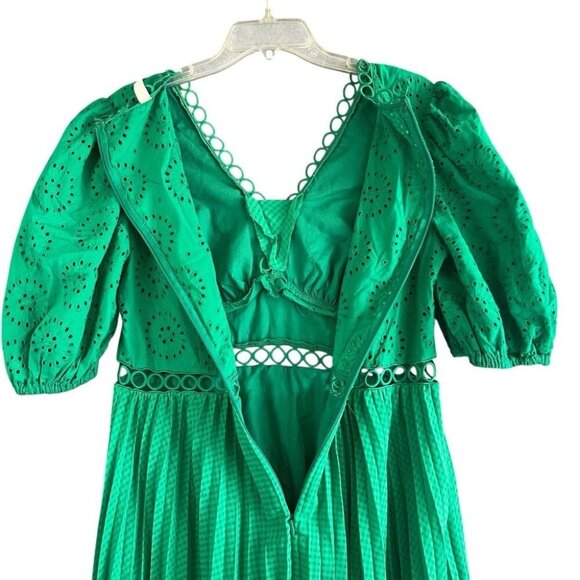 ASOS Broderie Pleated Midi Tea Dress Puff Sleeve Emerald Green Size 12 - Picture 4 of 12